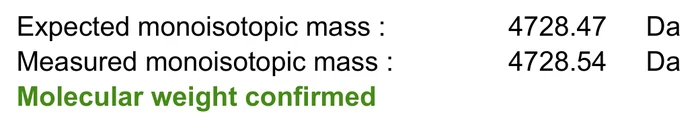 Mass spectrometry identity test: expected monoisotopic mass 4728.47 Da, measured 4728.54 Da, molecular weight confirmed