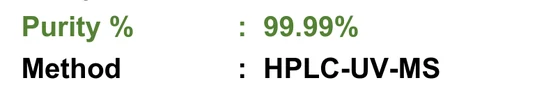 Certificate fields: purity 99.99%, method HPLC-UV-MS
