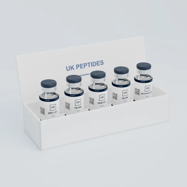 Five UK Peptides vials in an open presentation box